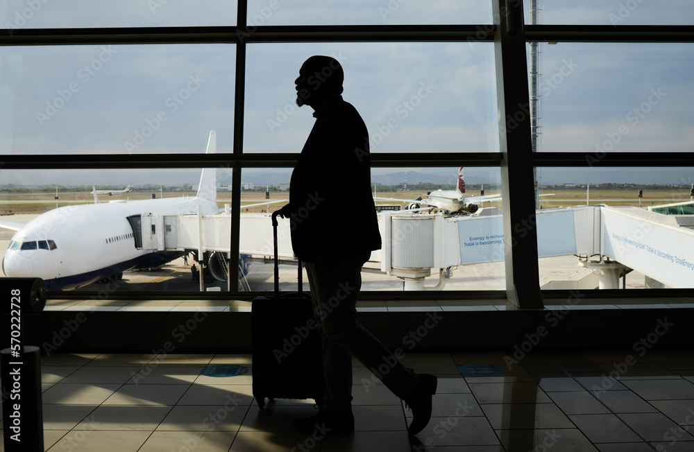 Canvas Prints Airport, travel or silhouette man walking to airplane, flight booking or transportation for world tour. Suitcase luggage, plane departure or profile person on holiday trip, vacation or global journey