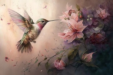 Delicate painting with a bird landing on the flowers. Pastel tones Generative AI