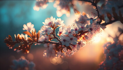  spring  landscape blooming flowers on trees ,sakura with pink and white  flowers on blue sunset sky at sun light