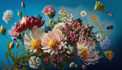 Fototapeta na wymiar beautiful bouquet of flowers against the blue sky generated ai,