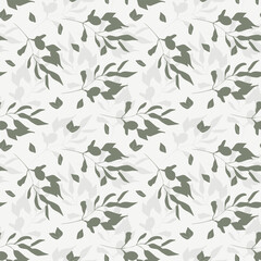 Brunches and leaves seamless pattern in green hews on white background. Can be used for home decor such as wallpaper, tablecloth, bedclothes or for fashion graphics such as fabric all-over print