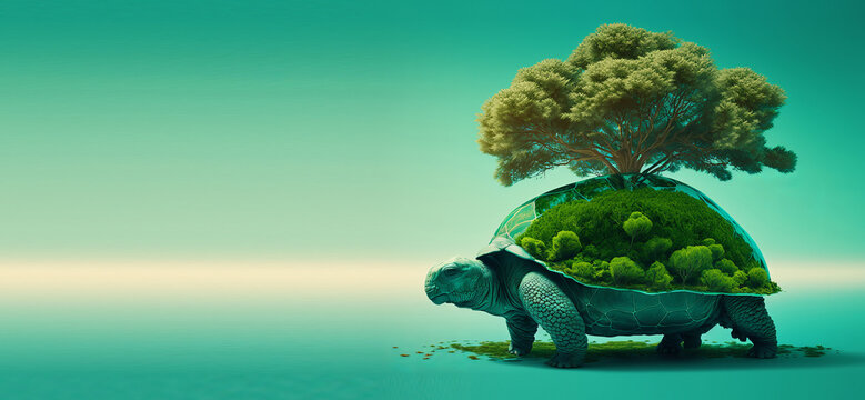 Giant Turble walking and carrying huge Tree with Copy space, Earth day, Environment protection concept. Generative Ai