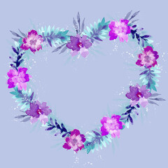 A heart of rosebuds and leaves. Watercolor heart on a gray-blue background. Flower buds in the form of a heart, hand drawing