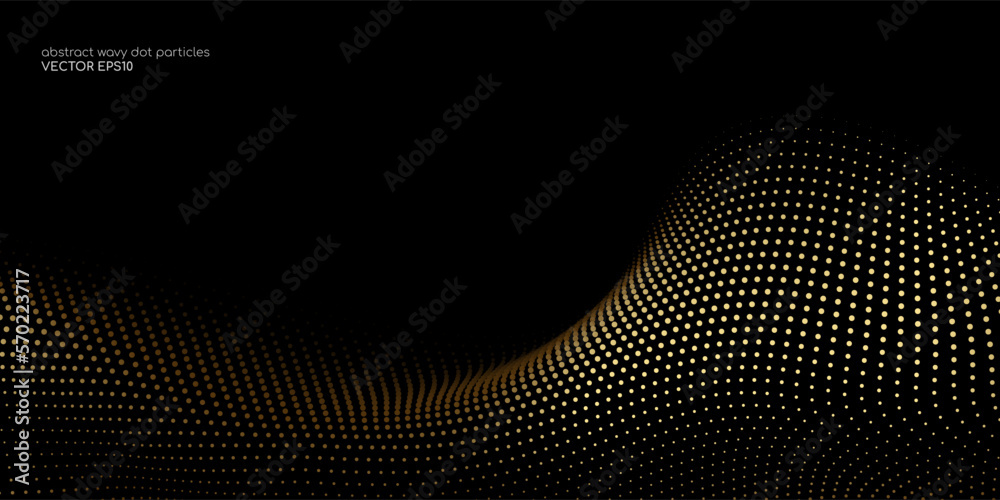 Poster Flowing dot particles wave pattern gold gradient light isolated on black background. Vector in concept of luxury, AI technology, science, music.