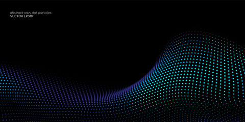 Flowing dot particles wave curve pattern blue and green gradient light isolated on black background. Vector in concept of AI technology, science, music. - obrazy, fototapety, plakaty