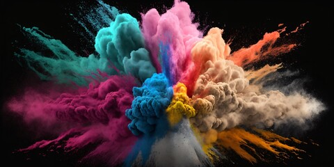 explosion de poudre de couleur,  peinture multicolore, sur fond noir, arrière plan, fond graphique, IA générative - obrazy, fototapety, plakaty