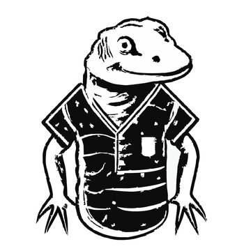 A woodcut type vector illustration of a lizard character