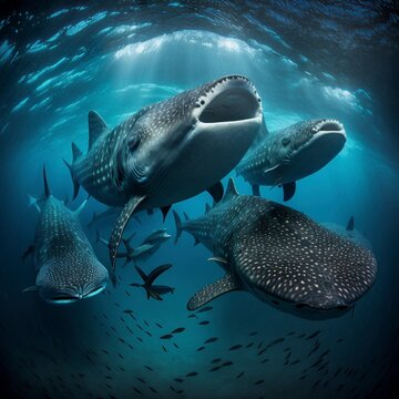 A Group Of Whale Sharks Swimming Through The Deep