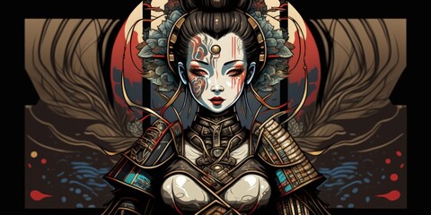 robot geisha in cyberpunk with background in holy geometry. Generative AI