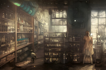 Alchemist lab. A strange and creepy cabinet of curiosities filled with lots of bottles and glass jars. Digital illustration. CG Artwork Background - obrazy, fototapety, plakaty