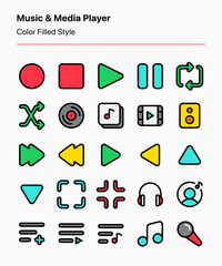 Customizable set of music and media player icons covering the navigation and control buttons. Perfect for apps and websites interfaces, marketing, businesses, presentations, and other projects