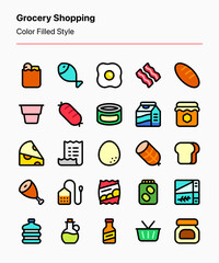 Customizable set of grocery icons covering foods, ingredients, and elements of grocery shopping. Perfect for apps, websites, stores, products, marketing, marketplaces, catalogs, recipes, etc