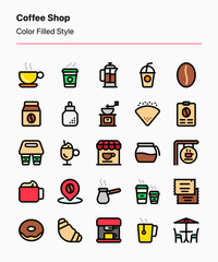 Customizable set of coffee shop icons consisting of beverages, food, and brewing equipment. Perfect for coffee shop business, products, ads, marketing, app, website, catalog menu, etc