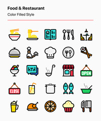 Customizable set of food and restaurant icons for businesses, restaurants, app and website interfaces, graphic design, ads and marketing, presentations, and other projects