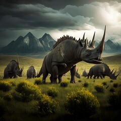 Fototapeta premium A herd of stegosaurs grazing in a grassy savannah