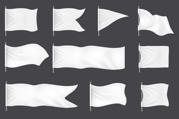 Realistic banner flags. 3D white blank textile signs and waving fabric for advertising. Realistic blank white fabric signs mockup for advertising, outdoor exhibition cotton waving flags