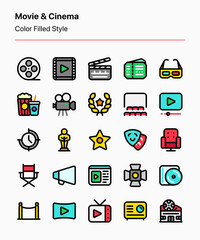 Customizable set of movie and cinema icons covering elements of film making, theater, and entertainment. Perfect for app and web interfaces, businesses, illustrations, marketing, presentation, etc
