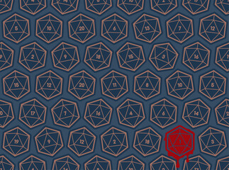 Vector seamless blue texture with 20 sided dice. Board Games. Blue background.