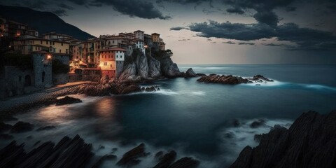 Italy's Varazze coastline at dusk. Generative AI