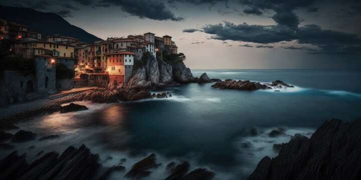 Italy's Varazze coastline at dusk. Generative AI