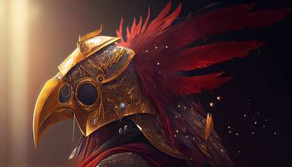 Bird in Gold Character Avatar Portrait. Magic Bird Mascot Warrior Head Portrait in Gold Armor with Ambient Starry Night Sky Background.