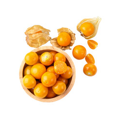 Cape Gooseberry in wood bowl isolated on transparent png