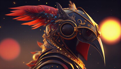 Bird in Gold Helmet Character Avatar Portrait. Magic Bird Mascot Warrior Head Portrait in Gold Armor with Ambient Starry Night Sky Background. 