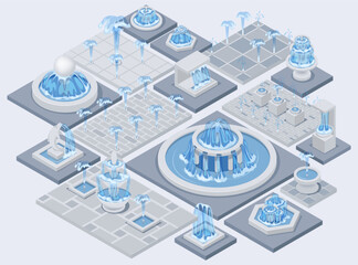 Isometric fountain set with outdoor park cascades isolated vector illustration EPS10. Vintage and modern architecture decor with splashing drops.
