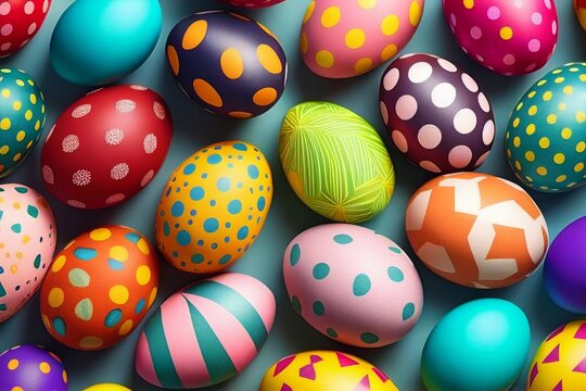 Colorful Easter eggs background. Top view. Generative AI