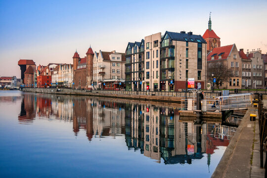 The Old Town of Gdansk, boulevards, Mlawa river. Pomeranian Voivodeship, Poland.