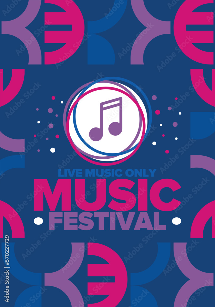 Wall mural Music Festival. Live music show, musical performance. Summer outdoor concert. Fun event, vacation relaxation. Music bands, many stages and big crowd. Night club party. Vector poster with illustration