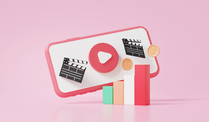 3D multimedia movie streaming creative social media mobile phone modern playing video make money, growth video marketing, coins, passive income concept. entertainment. 3d render illustration