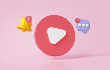 3D render Online multimedia streaming with modern play video floating on pink background. notification bell chat talk comment media connection. entertainment broadcast, copy space, illustration