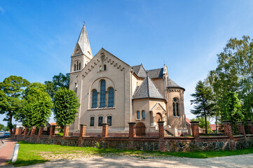 Fototapeta na wymiar Neo-Romanesque Church of the Holy Apostles Peter and Paul in Ptaszkowo, Greater Poland Voivodeship, Poland