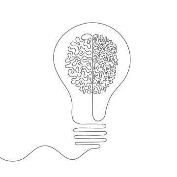 Continuous line drawing of light bulb and human brain logo. Idea concept. Vector illustration
