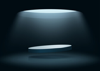 A podium illuminated by a beam of light in the dark from a hole above. Free space for your product.