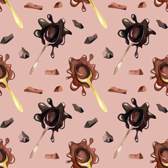 Watercolor pattern with chocolate. Spoons of hot chocolate, pieces and crumbs of tiles. Dark and milk chocolates.