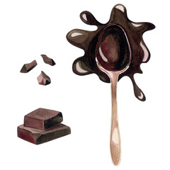 A spoonful of dark melted chocolate. Pieces and crumbs of chocolate. Watercolor illustration. Hot chocolate.