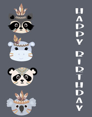 Boho invitation card with animals, rainbow, feather and birthday frame, baby shower card, poster, background