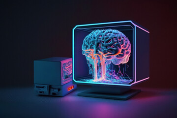 Hologram drawn by the brain on a double exposed desktop computer. the idea of artificial intelligence. Generative AI