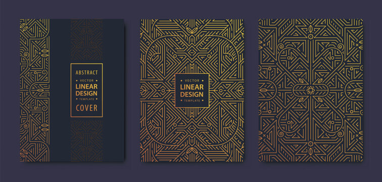 Set of vector art deco, gatsby golden covers. Creative design templates. Trendy graphic poster, brochure, design, package and branding. Geometric shapes, ornaments, elements
