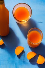 A bottle of apricot juice and a glass of apricot juice on a wooden table on a blue background  - generative ai