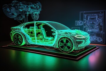 An electric car viewed with augmented reality as a projection or hologram in a high-tech laboratory. Generative ai