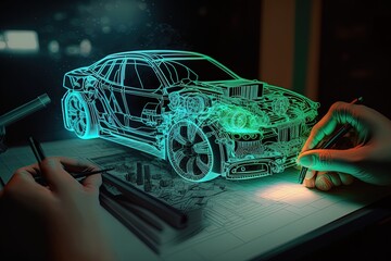 An engineer designing an electric car using augmented reality and viewing the car as a projection or hologram in high-tech laboratory. Generative ai