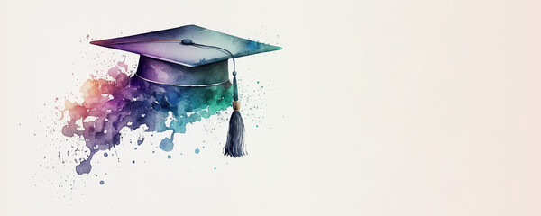 Fototapeta na wymiar Graduation Hat - Watercolor (Generative AI Art) - with copy space