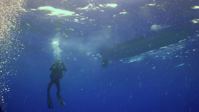 Pacific ocean, Costa Rica - September 5, 2021: Underwater diving of diver near bottom of boat on surface of ocean. Brave diver descends by cable to bottom of ocean.
