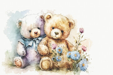 Two cute Teddy bears sittind in flowers. Watercolor style, textured paper imitation. Pastel colors, warm white color background, copy space. Generative ai. Birthday, childhood or family love concept