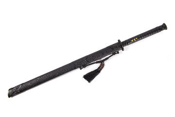 Long Chinese sword with black scabbard isolated on white background.