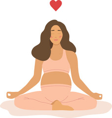 A pregnant woman meditates in the lotus position and practices yoga. The concept of yoga, meditation, relaxation, health, pregnancy, motherhood. Breathing exercises and health care. Flat vector 