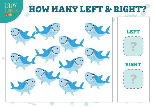 How many left and right cartoon sharks kids counting game vector illustration